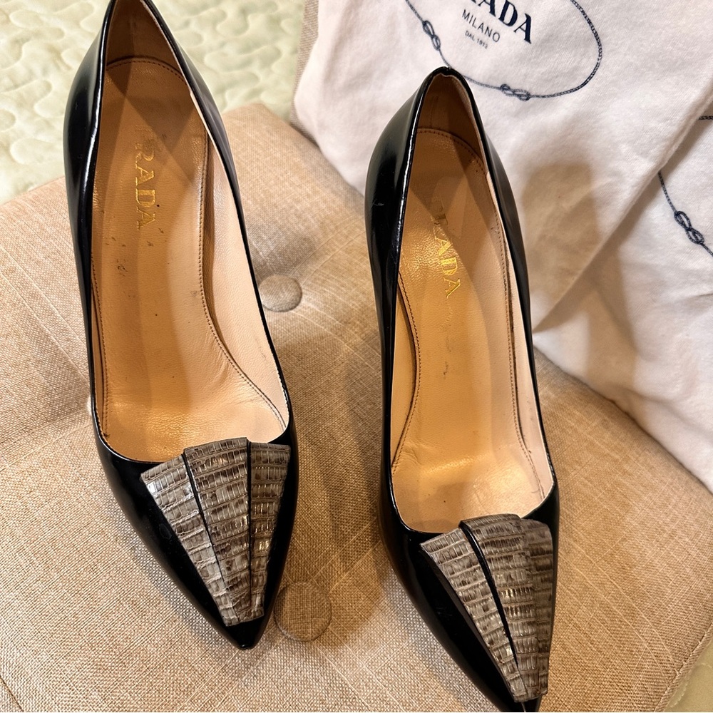 Prada Calzature Donna Vintage 2008 Heels Black Leather Snakeskin 37.5/ 7 US - Picture 2 of 16